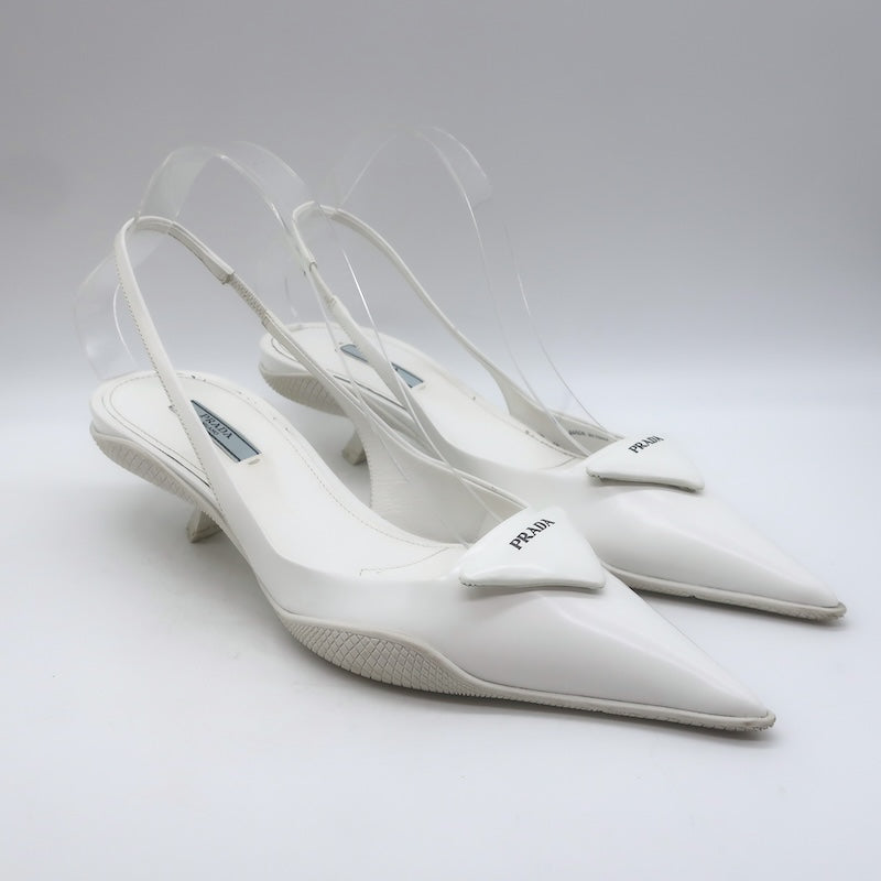 Prada Spazzolato Triangle Logo Kitten Heel Slingback