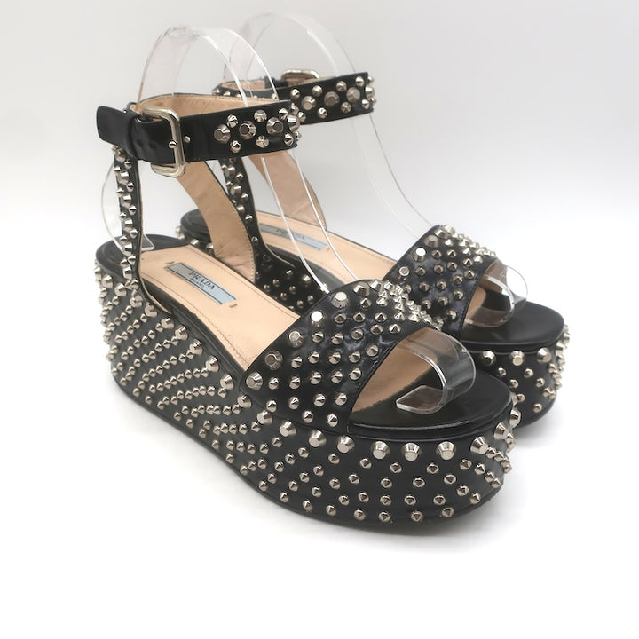 Prada Studded Ankle Strap Platform Wedge Sandals 