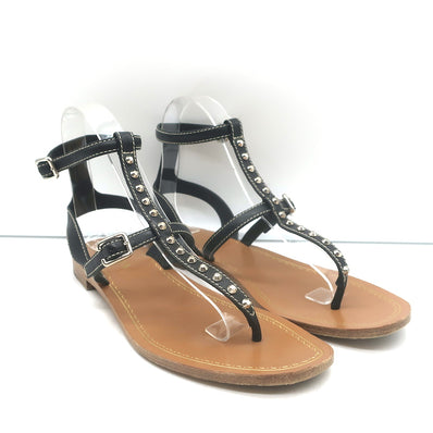 Prada Studded T-Strap Flat Sandals Black Leather Size 38