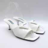 Prada Triangle Logo Kitten Heel Mule Sandals White 