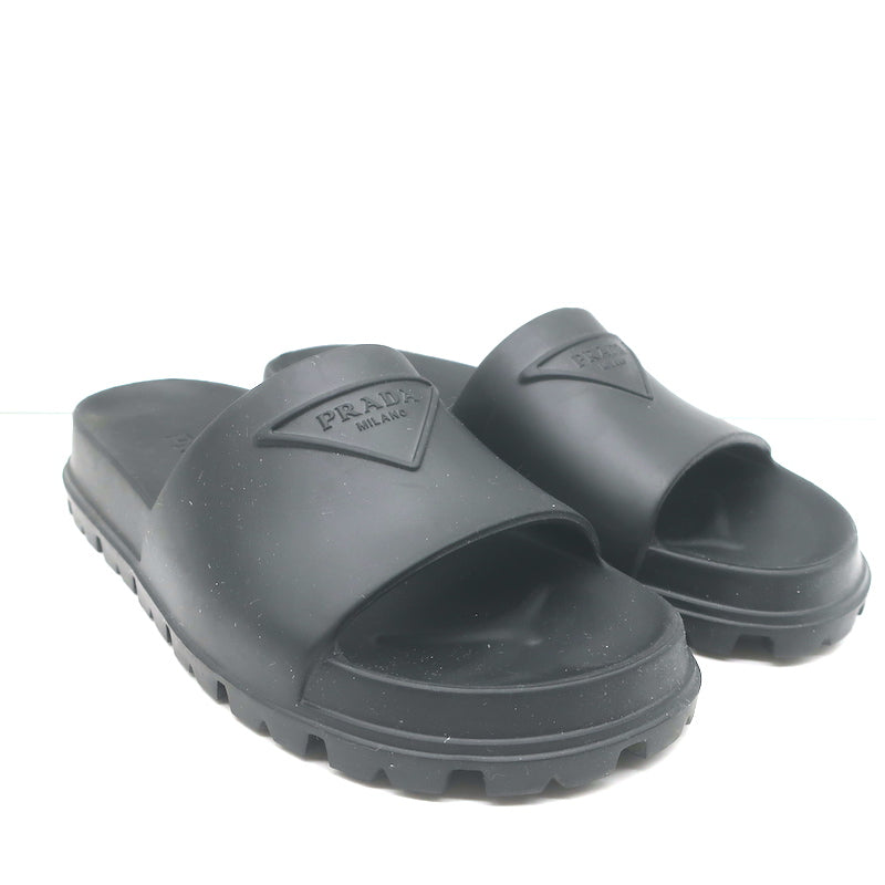 Prada Triangle Logo Rubber Pool Slide Sandals Black Size 38