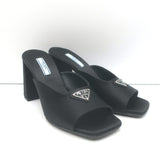 Prada Triangle Logo Sandals Black Satin Size 37 High Heel Slides