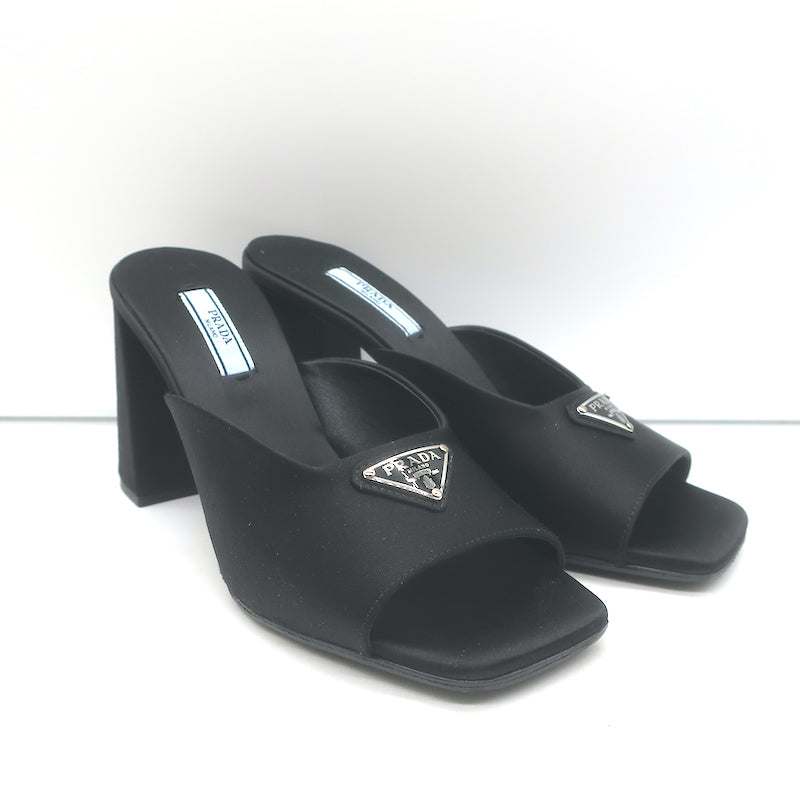 Prada Triangle Logo Sandals Black Satin Size 37 High Heel Slides