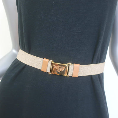 Prada Triangle Logo Stretch Canvas Belt Beige Size 42