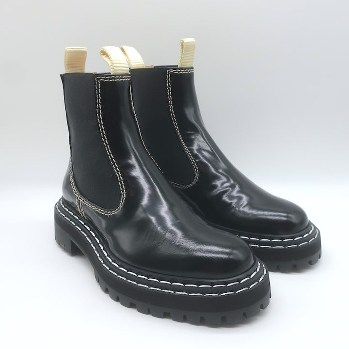 Proenza Schouler Top Stitched Chelsea Boots Black Polished Leather Size 36