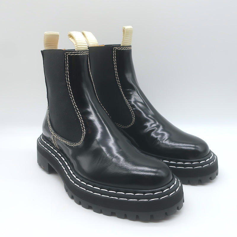 Proenza Schouler Top Stitched Chelsea Boots Black Polished Leather Size 36