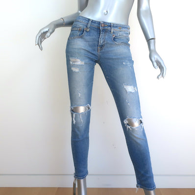 R13 Boy Skinny Ripped Jeans Bowers Blue Stretch Denim Size 25