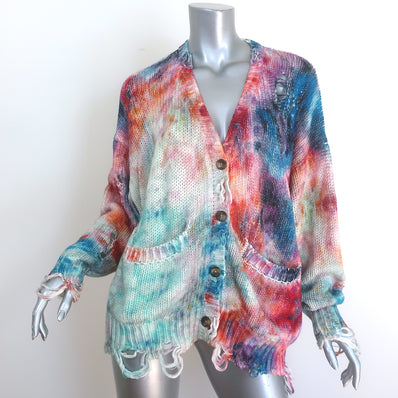 R13 Tie Dye Jumbo Cardigan Multicolor Cotton Distressed Knit Size Extra Small