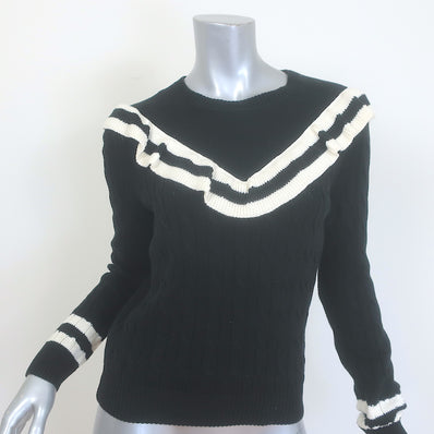 RED Valentino Striped Ruffle Sweater Black Cable Knit Cotton Size Small