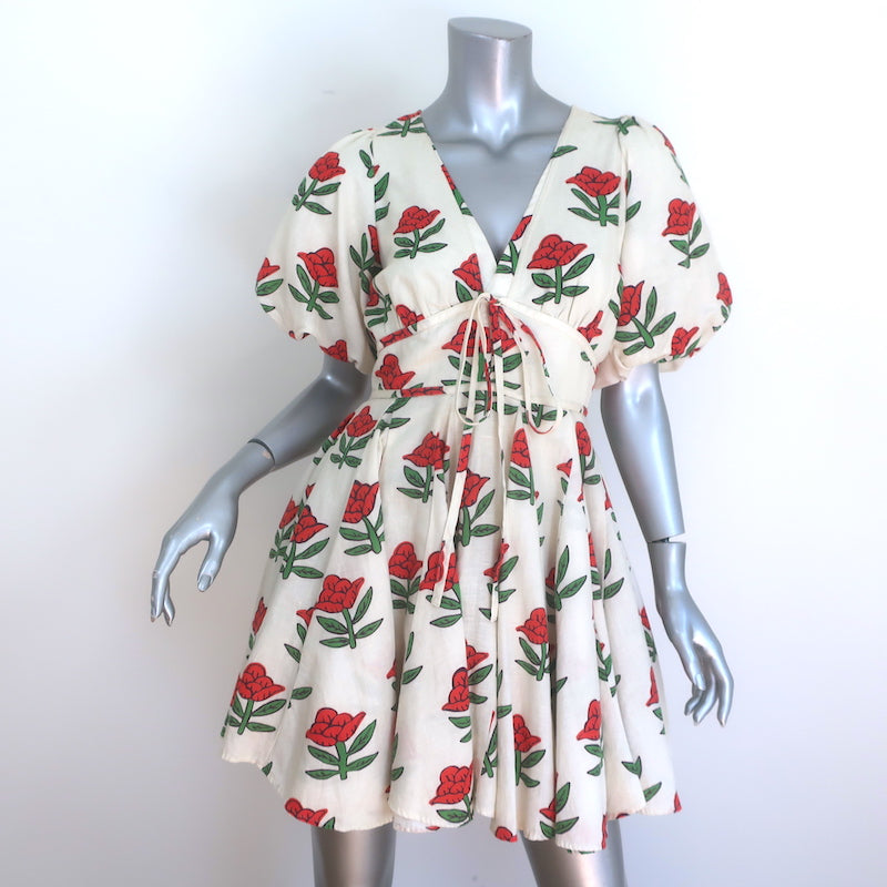 RHODE Madeline Puff Sleeve Mini Dress Cream Scarlet Begonia Print Size 2