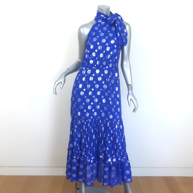 RIXO Eleanor Metallic Polka Dot Tie-Neck Midi Dress Blue/Silver Silk Size Medium