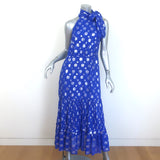 RIXO Eleanor Metallic Polka Dot Tie-Neck Midi Dress Blue/Silver Silk Size Medium