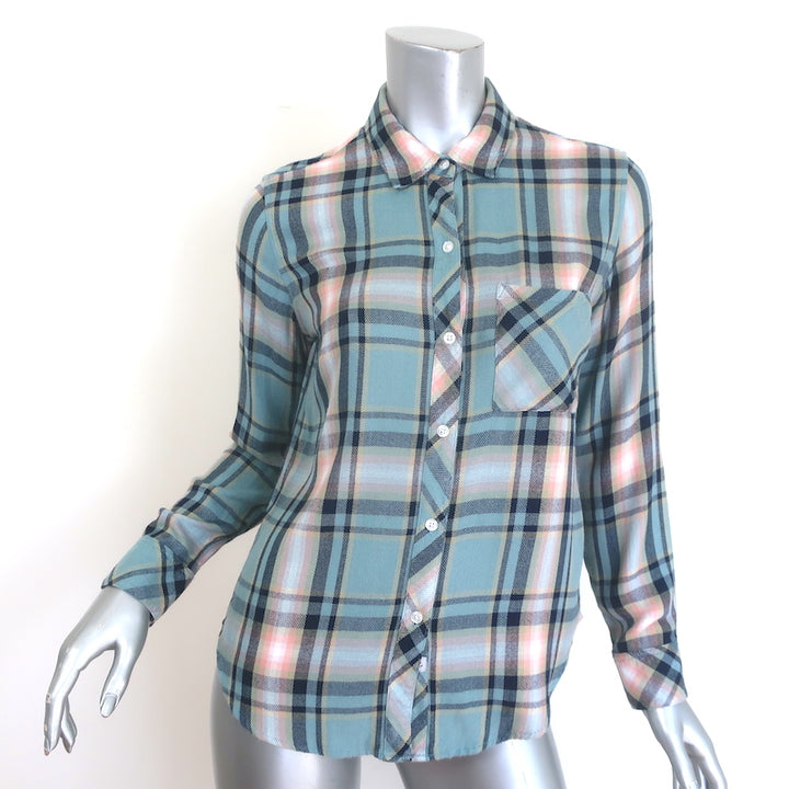Authentic pre-owned Rails Hunter plaid shirt in teal, peach and navy, luxury women&