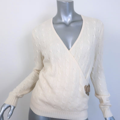 Ralph Lauren Black Label Cashmere Cable Knit Buckled Sweater Cream Size Medium