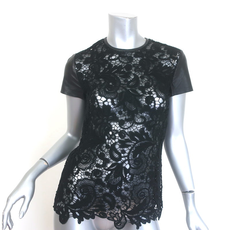 Ralph Lauren Black Label Lana Leather-Sleeve Lace Top 