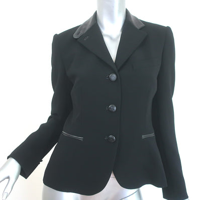 Ralph Lauren Black Label Leather-Trim Blazer Black Stretch Wool Size 4
