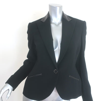 Ralph Lauren Black Label leather-trimmed black blazer, stretch wool-crepe, size 6 — pre-owned, authentic luxury