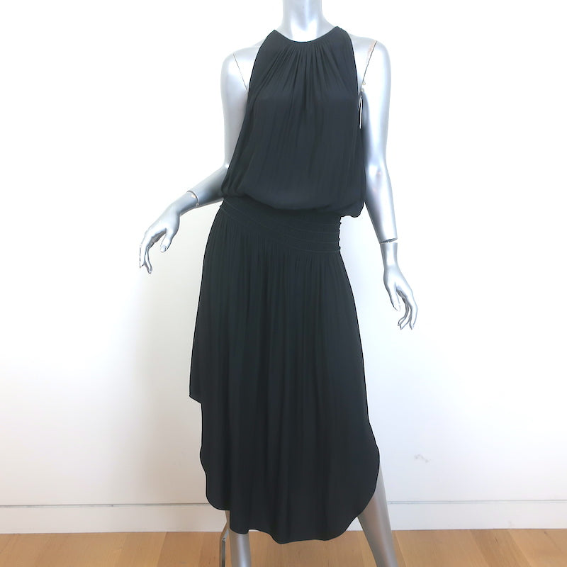Ramy Brook Audrey Smocked Midi Dress Black Matte Satin Size Large –  Celebrity Owned