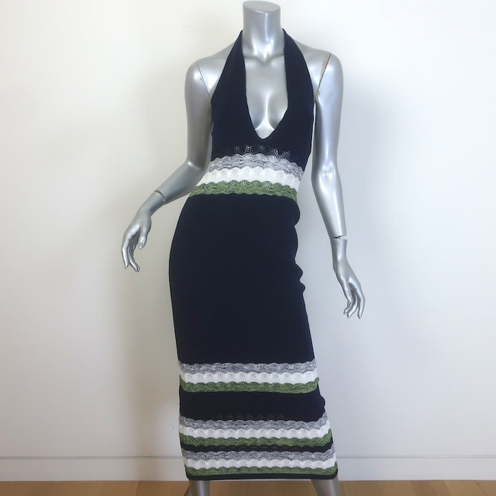Ramy Brook Crochet-Striped Midi Halter Dress Navy Cotton Knit