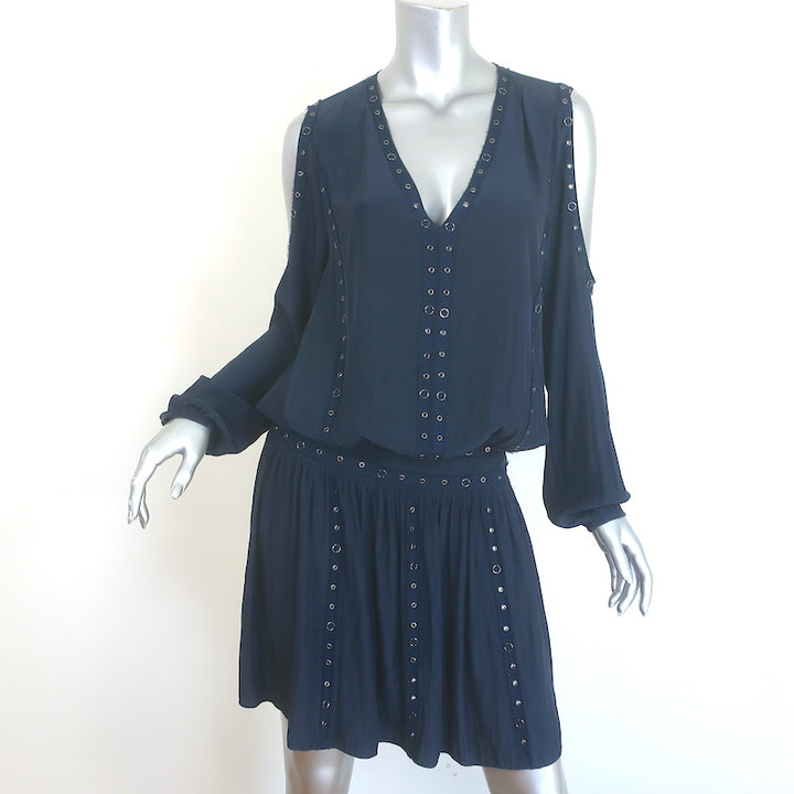 Ramy Brook navy grommet-embellished cold-shoulder mini dress, pre-owned luxury piece, size M