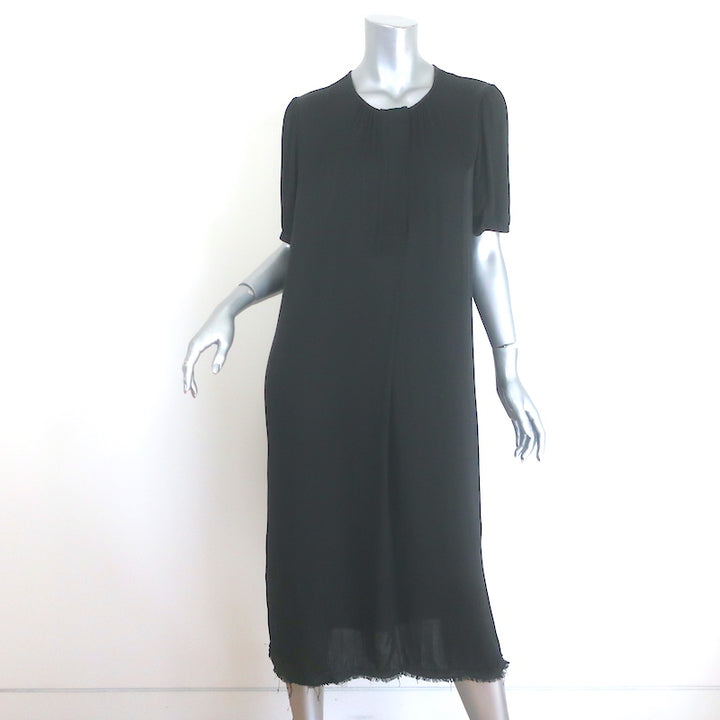 Raquel Allegra ribbon-placket midi dress in black liquid satin, pre-owned (new with tags) — luxe vintage-ready condition