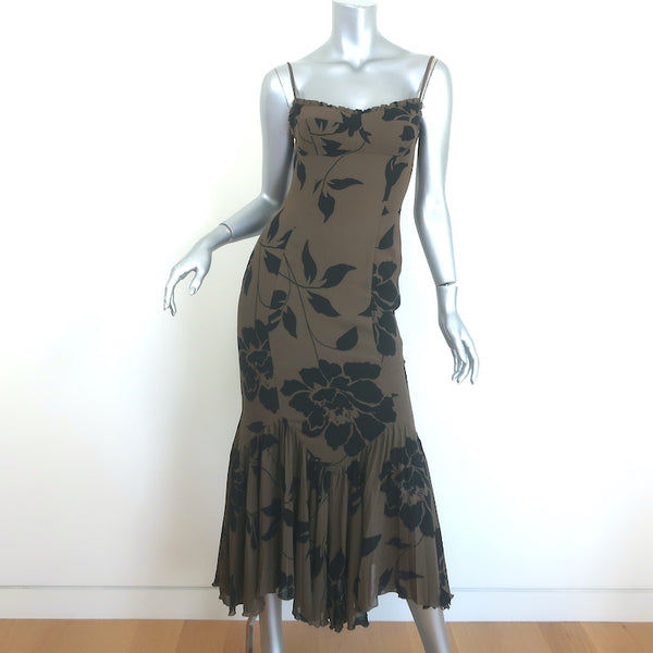 Reformation Aiko Ruffled Midi Dress Solana Olive Brown Printed Crepe S   Celebrity Owned