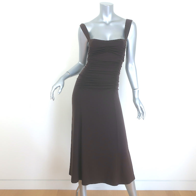 knee length dresses for ladies Reformation Suvi Ruched Midi Dress Dark Brown Stretch Jersey Size Smal –  Celebrity Owned