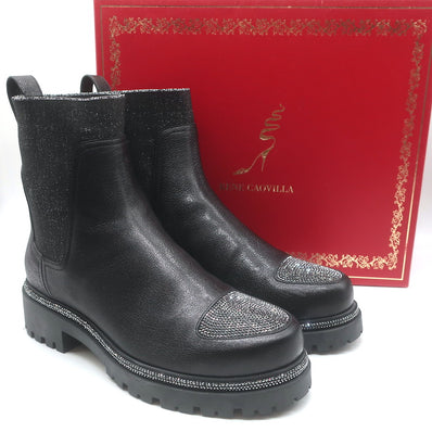 Rene Caovilla Crystal-Embellished Chelsea Boots Black Leather Size 39