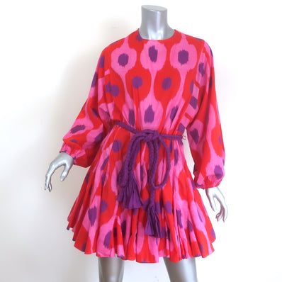 Rhode Ella ruffled mini dress, red-pink ikat cotton, size S — pre-owned authentic luxury piece