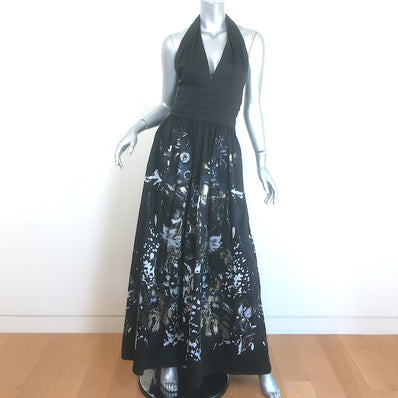 Roberto Cavalli Metallic Floral Print Halter Maxi Dress Black Cotton Size 40
