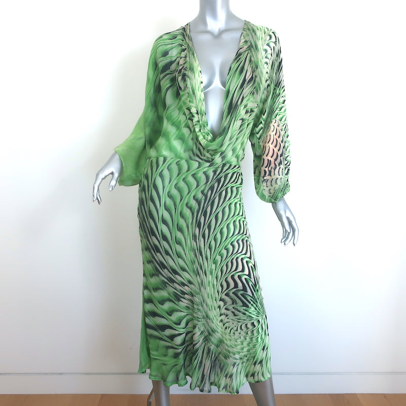 Roberto Cavalli S/S 2001 Runway Plunging Cowl Neck Midi Dress Green Silk Size 42 Roberto Cavalli S/S 2001 Runway Plunging Cowl Neck Midi Dress Green Silk Size 42