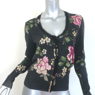 Roberto Cavalli Scoop Neck Silk-Trim Cardigan Black Floral Print Knit Size 40