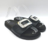 Roger Vivier Crystal-Embellished Flat Slide Sandals Black Leather Size 39