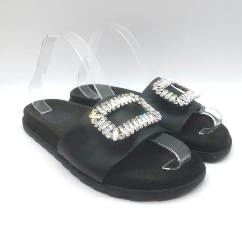 Roger Vivier Crystal-Embellished Flat Slide Sandals Black Leather Size 39
