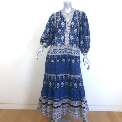SEA Brigitte Tiered Maxi Dress Navy Paisley Print Cotton Size Small