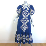 SEA Manuela Embroidered Midi Dress Blue Cotton-Linen Size Extra Small