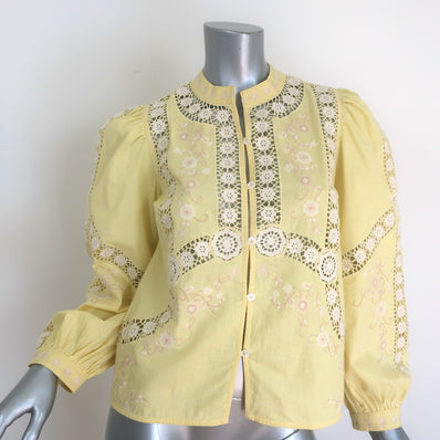 SEA Vesna Floral-Embroidered Puff Sleeve Blouse Pale Yellow Size Small