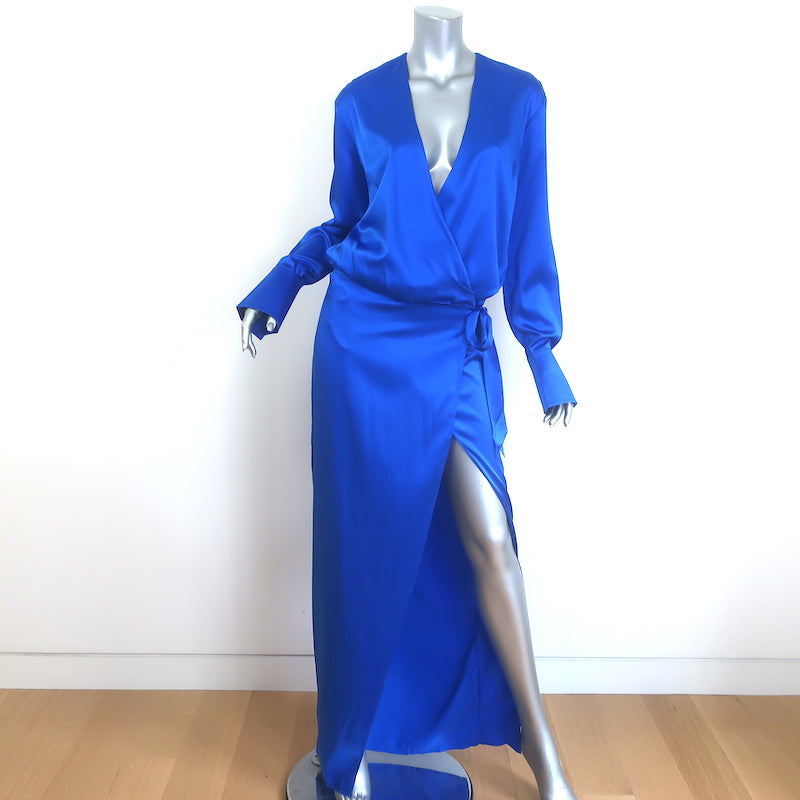 SER.O.YA Dianie Long Sleeve Wrap Dress Royal Blue Stretch Satin Size Small NEW
