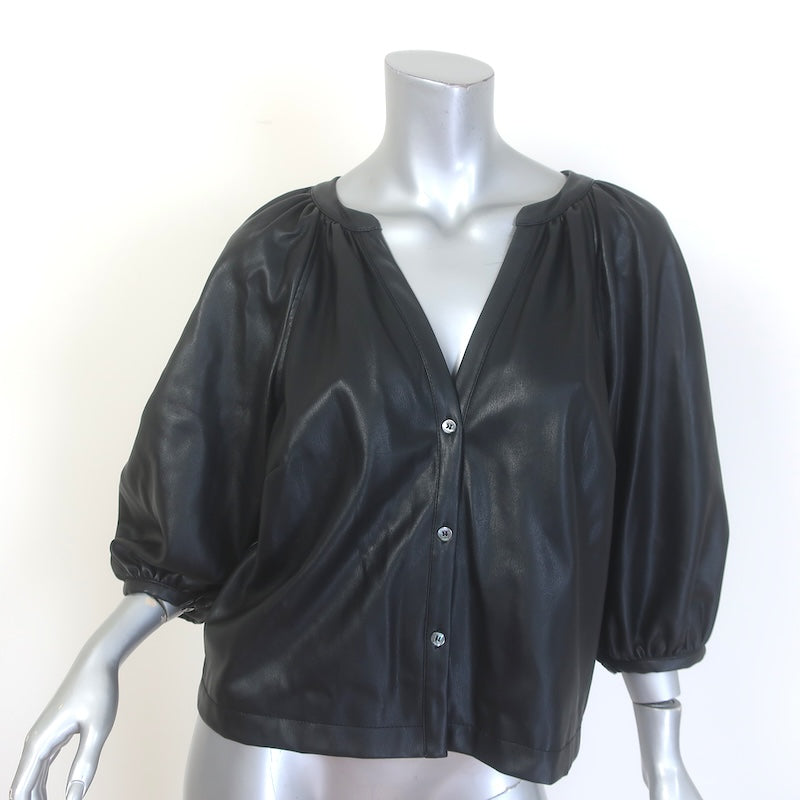 STAUD Dill Puff Sleeve Faux Leather Top Black Size Medium