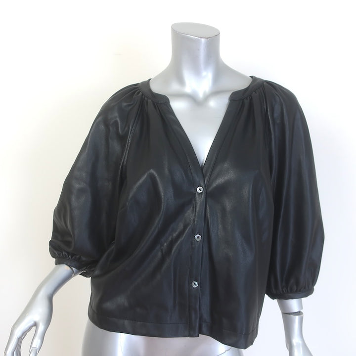 STAUD Dill Puff Sleeve Faux Leather Top Black Size Medium