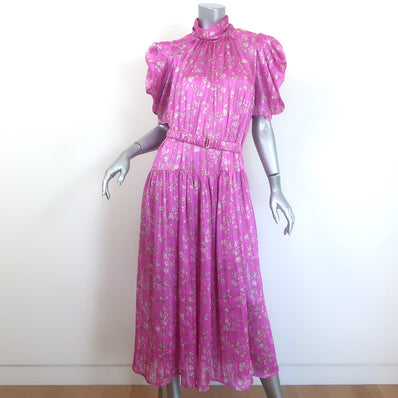 Sabina Musayev Gardenia Puff Sleeve Midi Dress Fuchsia Floral Print Size Medium