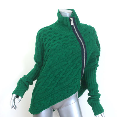 Authentic pre-owned Sacai asymmetric open-side turtleneck sweater in green cable-knit wool, Size 1