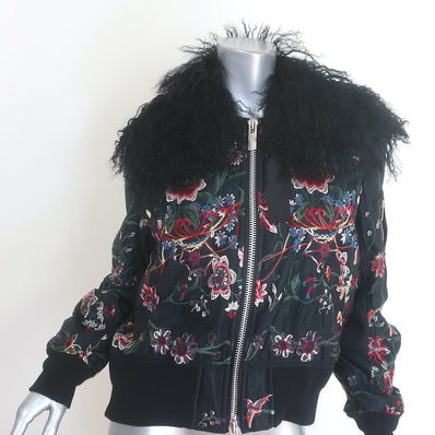 Sacai black floral-embroidered bomber jacket with lamb-fur collar, authentic pre-owned luxury, size 1