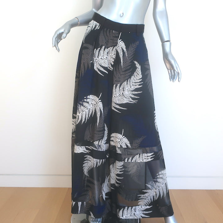 Sacai Leaf Print Ultra Wide Leg Pants Black &amp; Navy Chiffon Size 2