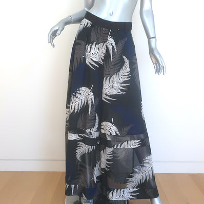 Sacai Leaf Print Ultra Wide Leg Pants Black & Navy Chiffon Size 2