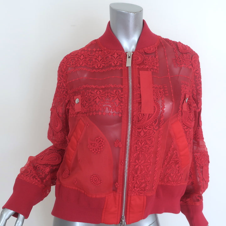 Sacai paisley lace-embroidered organza bomber jacket in red, authentic pre-owned luxury, size 2