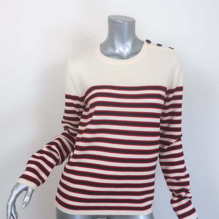 Saint Laurent Buttoned-Shoulder Striped Sweater Cream &amp; Red Wool Size Medium