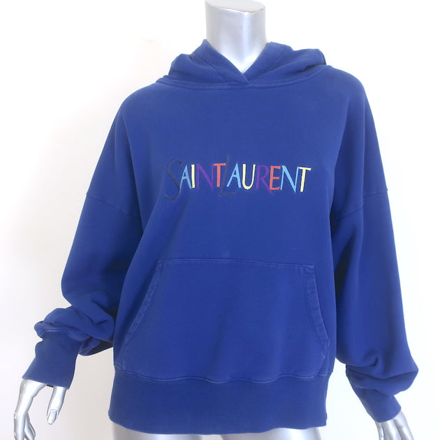 Saint Laurent Embroidered-Logo Oversized Hoodie Blue Cotton Size