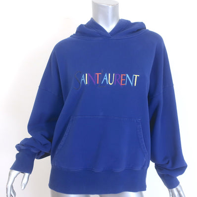 Saint Laurent Embroidered-Logo Oversized Hoodie Blue 