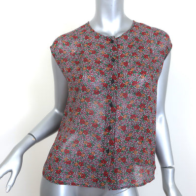 Saint Laurent Floral Print Sleeveless Button Down Top Multi Silk Chiffon Size 38